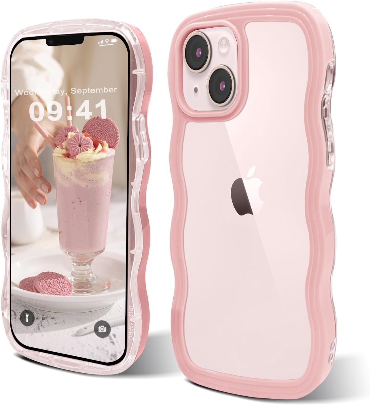 ORDA for iPhone 13 case for iPhone 14 case Cute Wave Frame Curly Shape Shockproof Hard PC Phone Cover for Women and Girls Compatible with for 6.1 inchs Pink — image 1