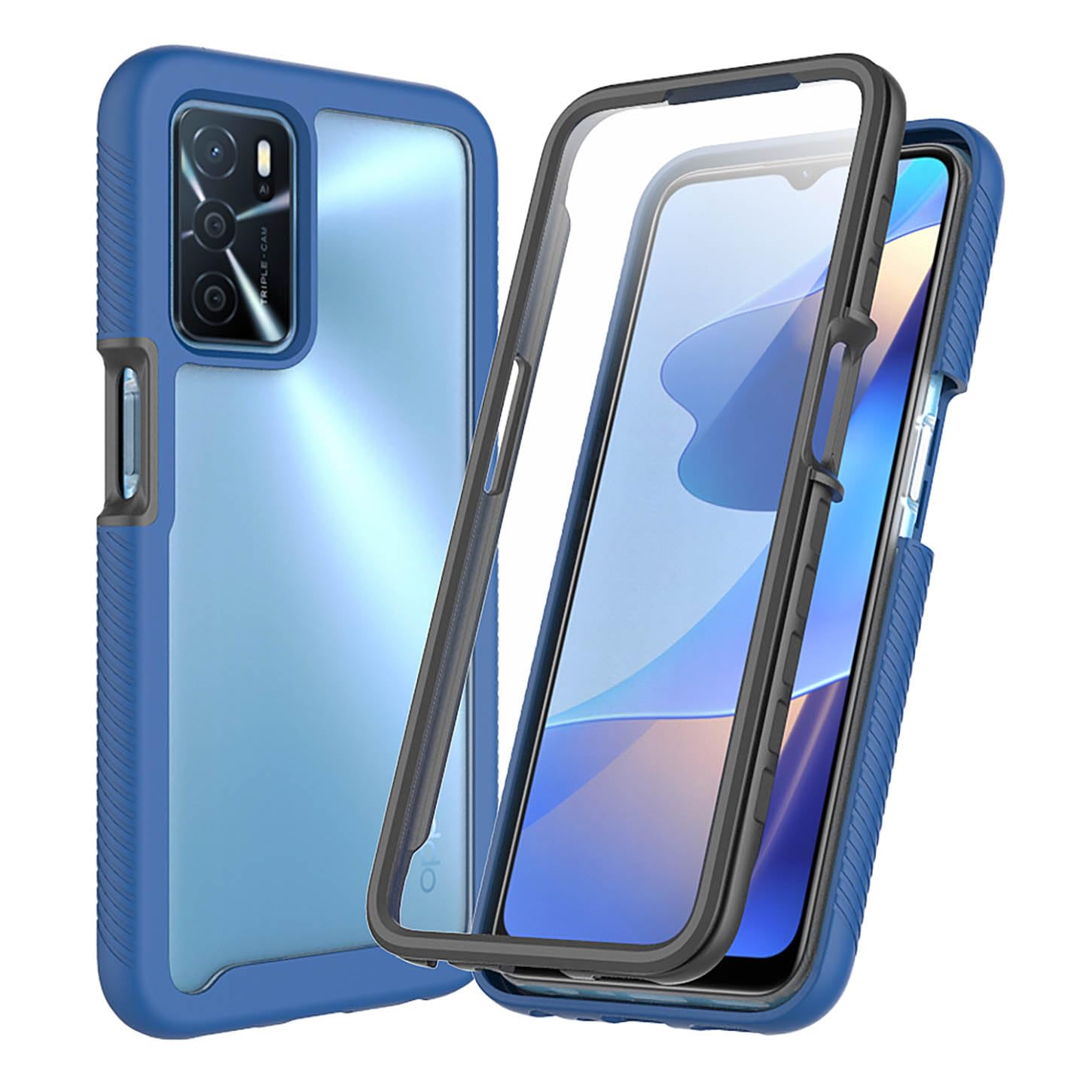 ILING Trasparente Case for OPPO A16 / OPPO A16s / OPPO A54s, 360° Full Body Protection Cover with Built-in Screen Protector, Shockproof Hard PC + Silicone TPU Bumper Case Cover (Dark Blue)