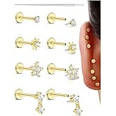 Sanfenly Threadless Flat Back Earrings Studs 316L Surgical Steel Push in Nose Studs Rings CZ Tragus Cartilage Helix Conch Labret Lip Nostril Medusa Piercing Jewelry Hypoallergenic 20G 18G 16G
