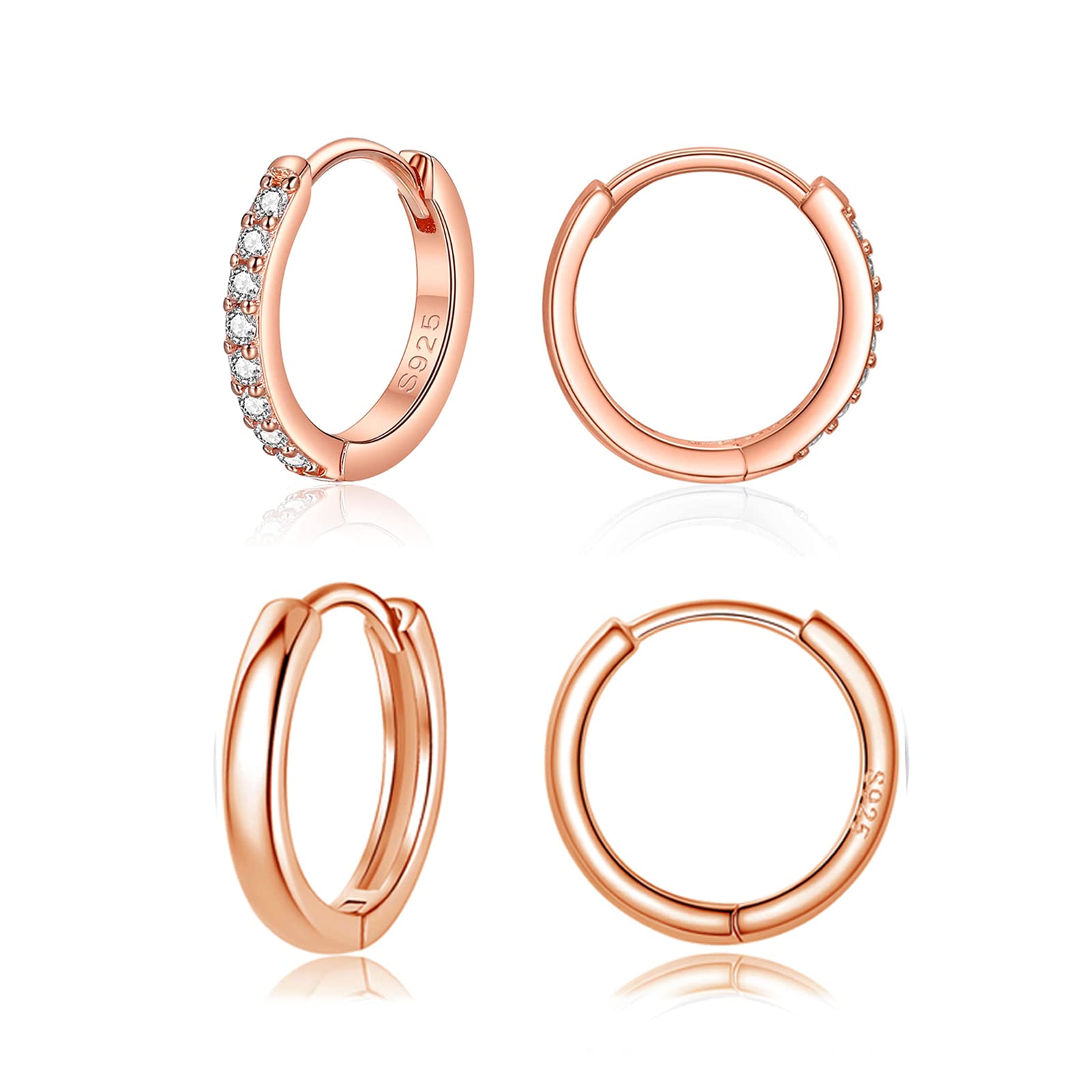 Deyanse Silver Hoops Earrings for Women, 925 Sterling Silver Hoop Earrings Set with Cubic Zirconia, 2 Pairs Small Sleeper Unisex Huggie Earrings, 12mm Rose Gold Earring Set