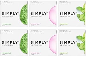 SIMPLY Gum | Dental Gum | Xylitol Chewing Gum- Sugar Free | Variety Pack- Bubblegum, Peppermint, Spearmint | Pack of Six (90 Pieces Total) | Synthetic Plastic Free + Sugar Free + Aspartame Free