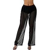 Kiluex Women Sexy See-Through Mesh Long Pants Swimsuit Bikini Bottoms Cover Up Summer Wide Leg Loose Beach Trousers
