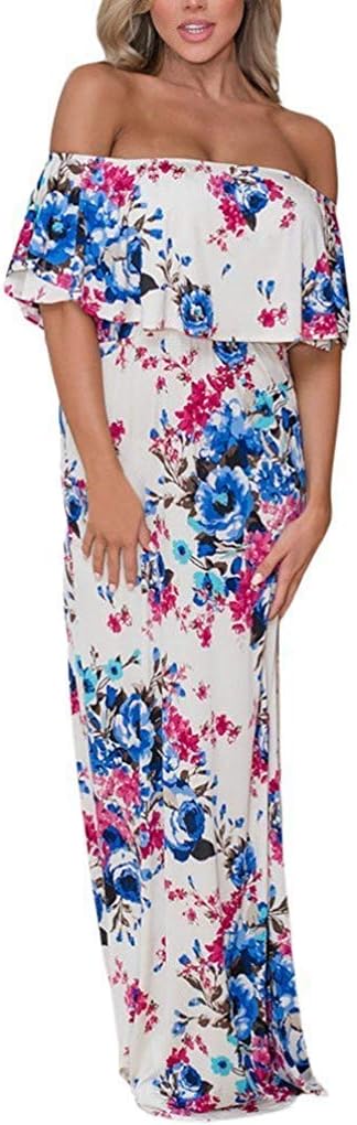 MIDOSOO Womens Side Slit Off Shoulder Ruffled Long Printed Foral Maxi Dress with Pockets