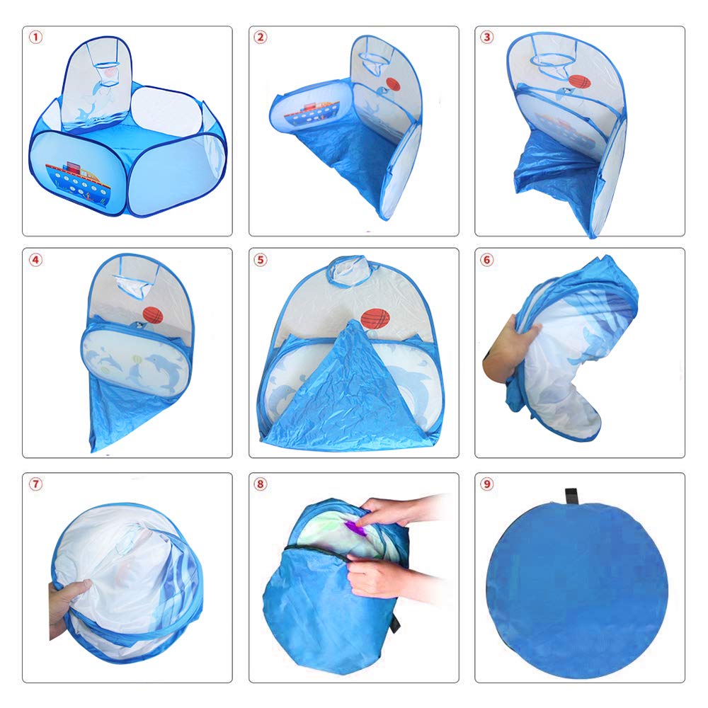 Kids Ball Pit Ball Tent, Likorlove Toddler Ball Pit with Basketball Hoop and Zippered Storage Bag,4 Ft Sea Ball Pool for Indoor Outdoor(Balls not Included),Blue