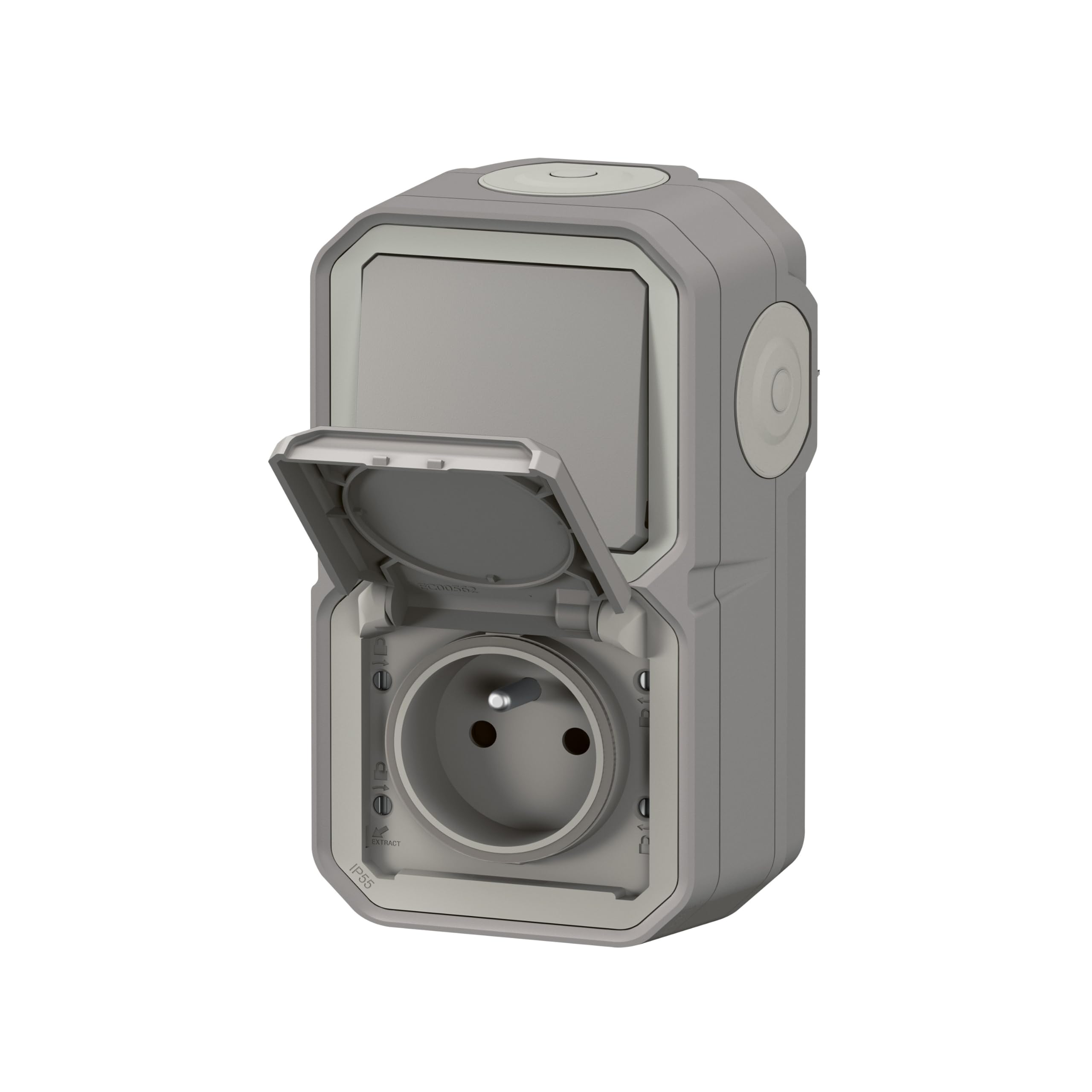 Legrand - Plexo waterproof power outlet and two-way switch for vertical installation supplied complete for mounting in exposed gray — image 1