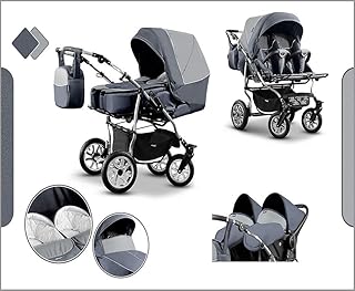 ZWILLINGS- UND GESCHWISTERWAGEN"DUET" MEGASET: INKL. 2 x AUTOKINDERSITZE, BEWEGLICHEN VORDERRÄDERN UND MEGA ZUBEHÖR - IN FARBE (D-005) MITTELGRAU-ANTHRAZIT