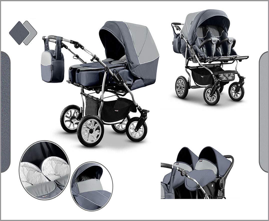 ZWILLINGS- UND GESCHWISTERWAGEN"DUET" MEGASET: INKL. 2 x AUTOKINDERSITZE, BEWEGLICHEN VORDERRÄDERN UND MEGA ZUBEHÖR - IN FARBE (D-005) MITTELGRAU-ANTHRAZIT