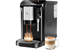 Joankaren Fully Automatic Espresso Machine with Grinder and Milk Frother, Touchscreen Coffee Maker, 20 Bar Pressure, 1.5L Wat