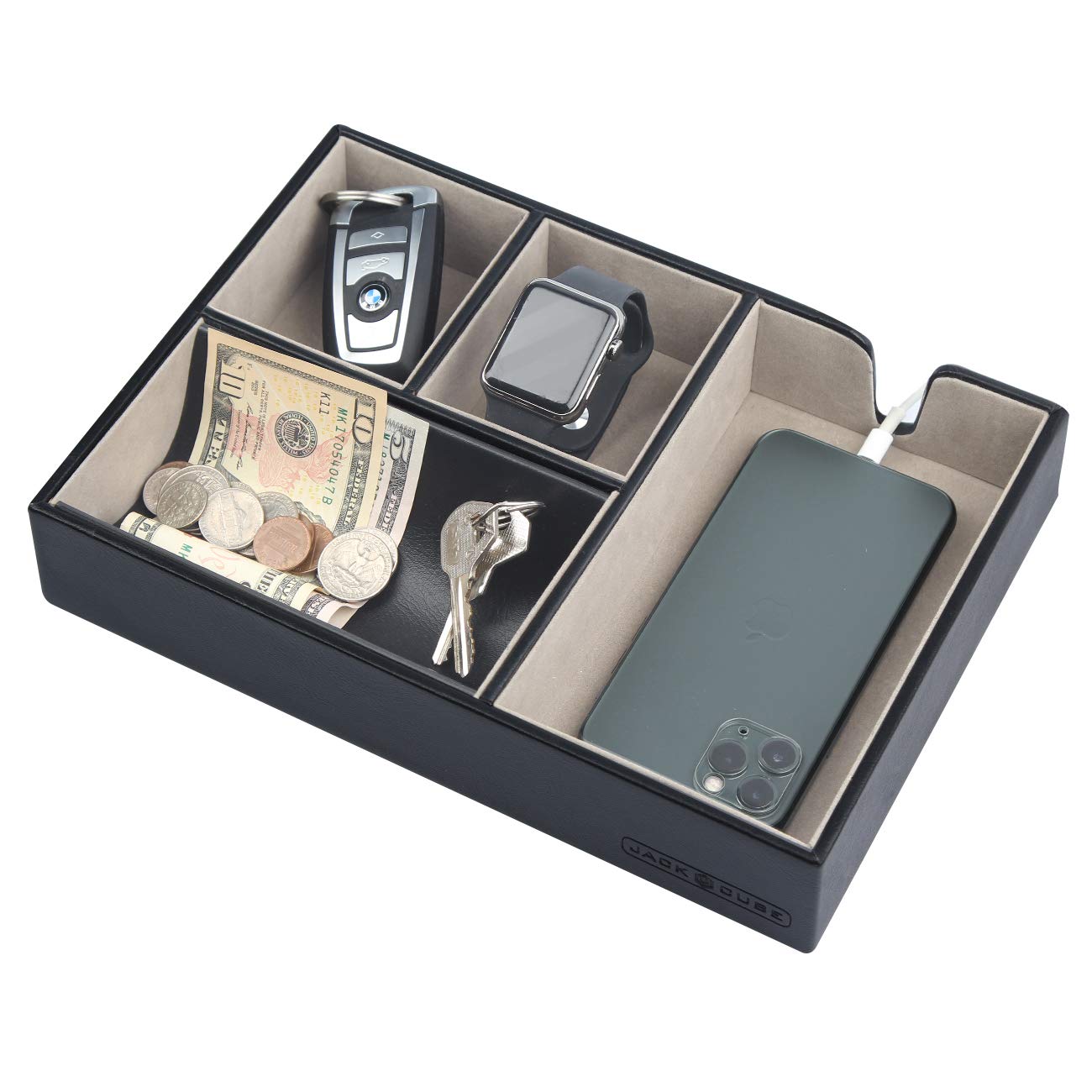 J JACKCUBE DESIGN Valet Tray Multi Leather, Desk or Dresser Organiser, Catch-all for Keys, Phone, Wallet, Coin, Jewellery and Nightstand(Black, 27 x 18.3 x 4.8 cm) - MK233A