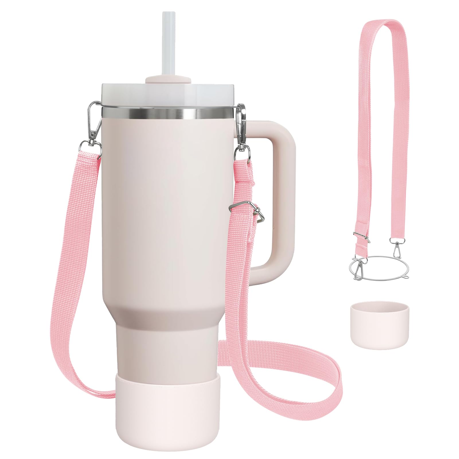 Photo 1 of Cup Accessories Set Compatible with Stanley H2.0 & Protour 30oz 40oz, Carrier with Strap & Protective Boot, Handle Shoulder Cross Carrying Strap for Women Men (Rose Quartz, Fit Stanleyy 40oz)