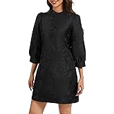 LADYFUL Women's Floral Jacquard Shift Dress 2026 Long Puff Sleeve Button Up Elegant Cocktail Party Mini Dress
