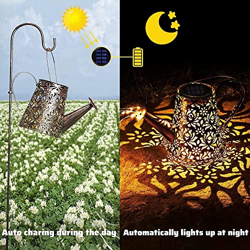 Solar Watering Can Lights with Light String 90 LEDs Lantern Iron Waterproof Perfect for Hanging Outdoor Pathway Garden Flower Decor with 32 inch Shepherd Hook (Warm White)