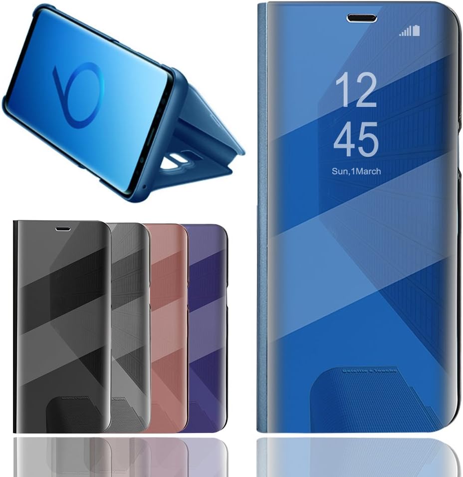 Samsung Galaxy S9 Plus Case Flip Kickstand Mirror Case Luxury Electroplate Plating Smart Clear View Cover with Transparent TPU s9 Plus Case cover (Blue)