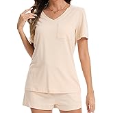 Qukayang Women's 2 Piece V Neck Pajamas Sets with Pockets Lightweight Lounge Casual Sleepwear Tshirt Shorts