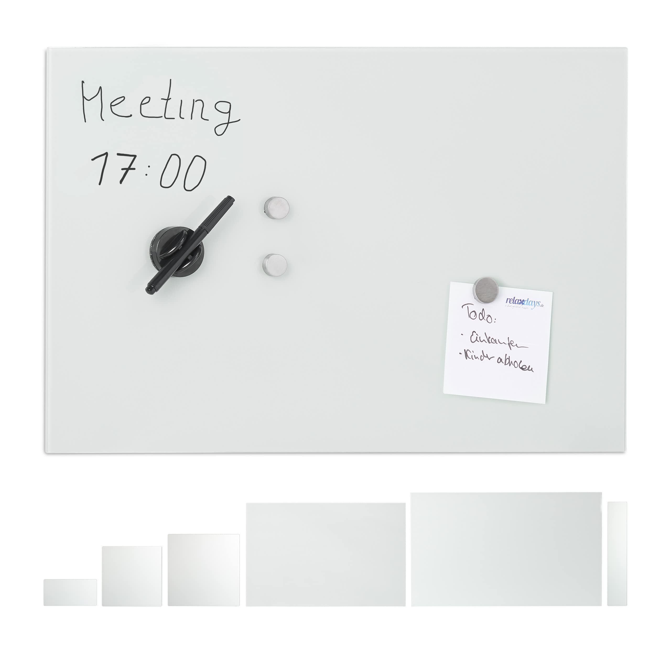 relaxdays Glass Magnetic Dry Erase Memo Board 60 x 40 cm, Writable, 3 Magnets, Safety Glass Magnet Board, White