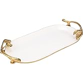 Cruiser’s Caché 18" Serving Tray, Rustic Gold with White Enamel, Handcrafted with Gold Leaf Handles