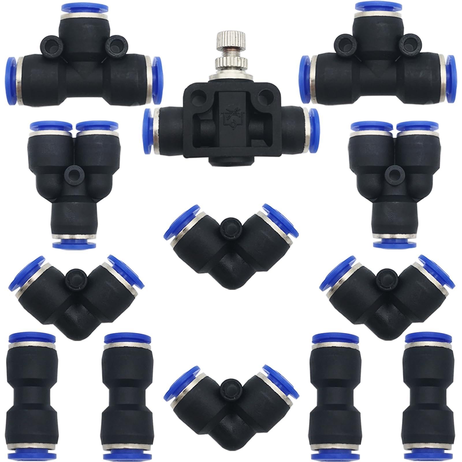 Pneumatic Fittings, CESFONJER 13 Pcs Air Push Quick Fittings Kit, Quick Release Air Hose Connector,for 10 mm PU/PE/Nylon Tube Pipe (Y+T+L+I Type +Pipe Throttle Valve Combo)