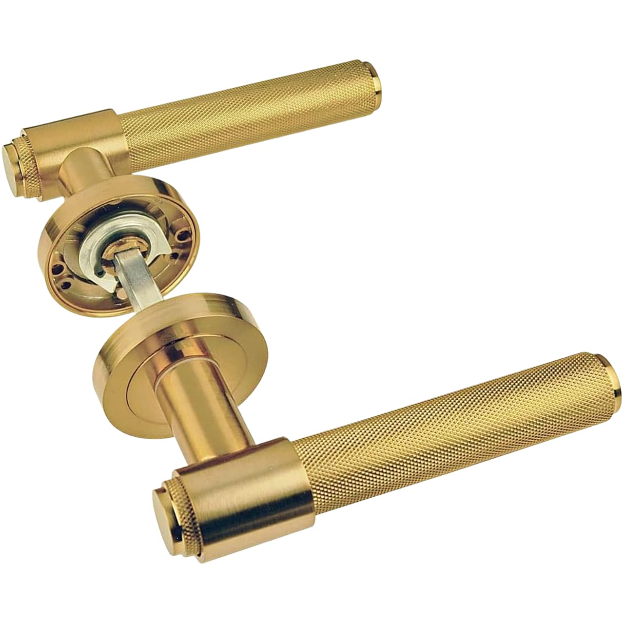 HANDLESTORE Knurled Lever on Rose Door Handles – Satin Brass Finish, Pair with Fixings – Modern Interior Door Handle Set