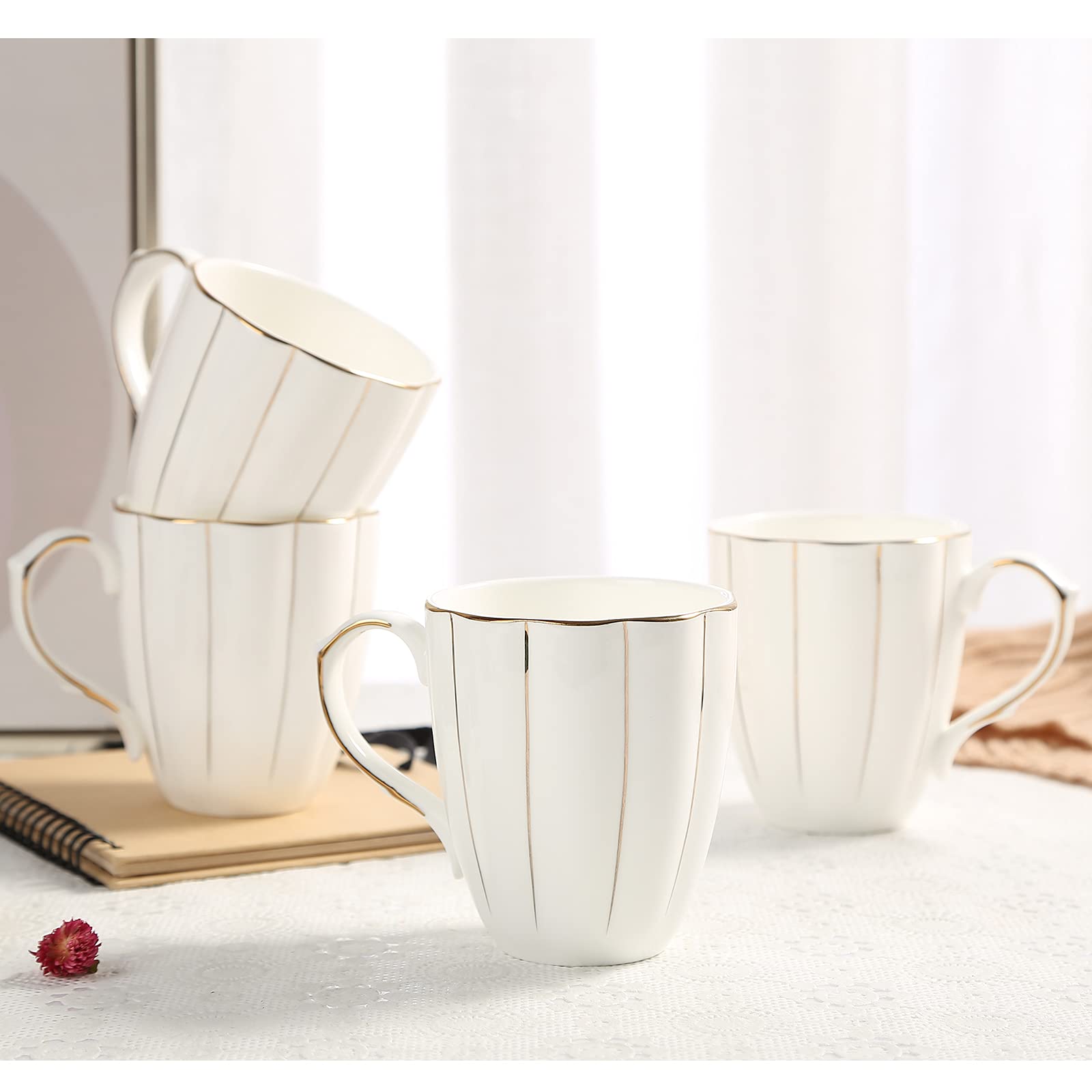 DUJUST Coffee Mug Set of 4(400ml), Luxury British Design with Handcrafted Golden Trims, 1st-Class Bone-China White and Gold Cup Set for Coffee, Tea&Milk, Beautiful&Graceful Top Fine Porcelain Cups