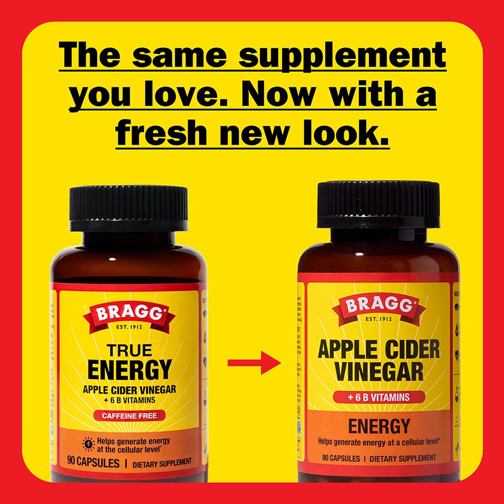 Bragg Energy Apple Cider Vinegar Capsules with B-12 Vitamins - 90 Capsules - Weight Management - Non-GMO, Vegan, Gluten Free, No Sugar - Helps Generate Energy at Cellular Level for Men and Women