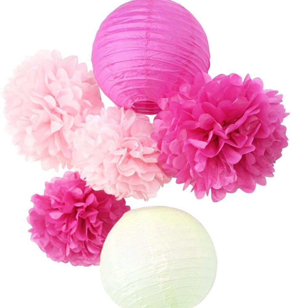SKR 18pcs Mixed Tissue Paper Flower Pompom Paper Lantern Set Birthday Party Wedding Home Decoration Accessories With 20M Rope for Hanging