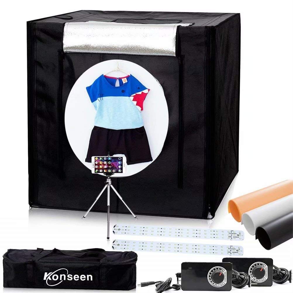 Konseen Photo Studio Light Box 24x24 inch /60x60 cm Dimmable Shooting Tent 192Pcs LED Beads Photography Cube Kit with 3 PVC Backdrops and Carrying Bag UK Plug