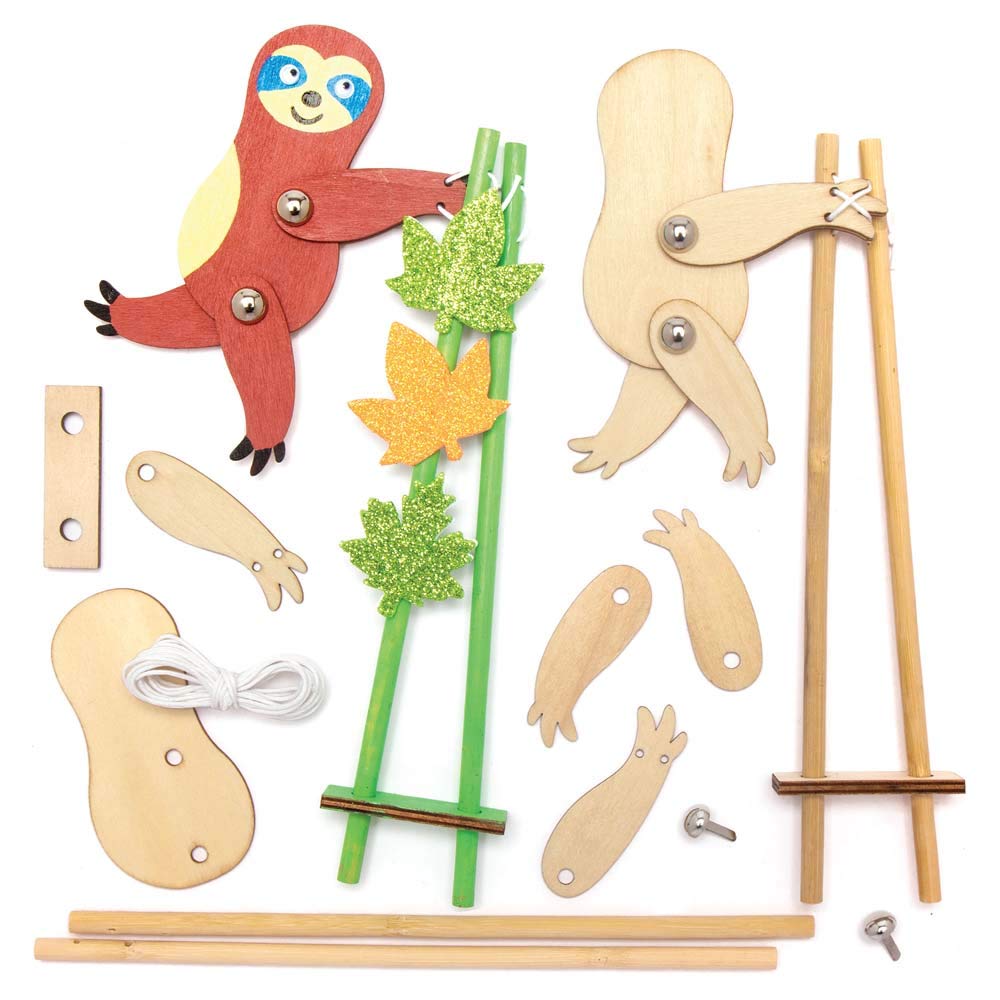 Baker Ross AX577 Sloth Wooden Acrobat Kits - Pack of 3, Make Your Own Puppets for Kids Arts and Wood Crafts Projects