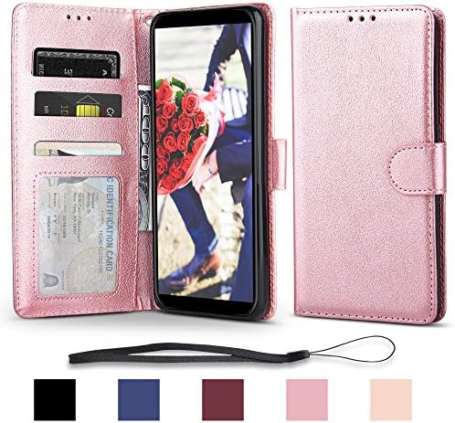 Moto G6 Play Case,JGOO Premium Frosted PU Leather Wallet Case [Foldable Stand] &amp; [Card Holster],Soft TPU Protective Shell Cover for Motorola Moto G Play 6th Generation,Rose Gold