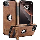 TRUIRON for iPhone 16E Leather Case with Hidden Alloy Stand, Logo View Vintage Leather Protective Kickstand Phone Cover 2025 6.1 Inch (Brown)
