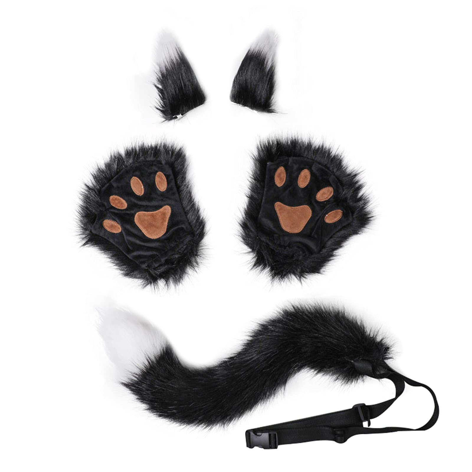 Fxaelian Anime Comic Animal Fox Cat Dog Bear Wolf Costume Paws Tail Ears Hair Clips 5 PCS Pack Set Faux Fur Halloween Cosplay Party Accessories F Black White