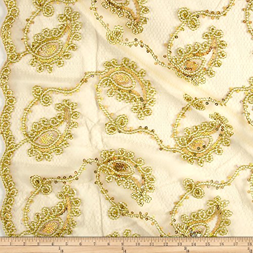 Coco Paisley Sequin Double Border Stretch Lace Gold, Cut by the Yard