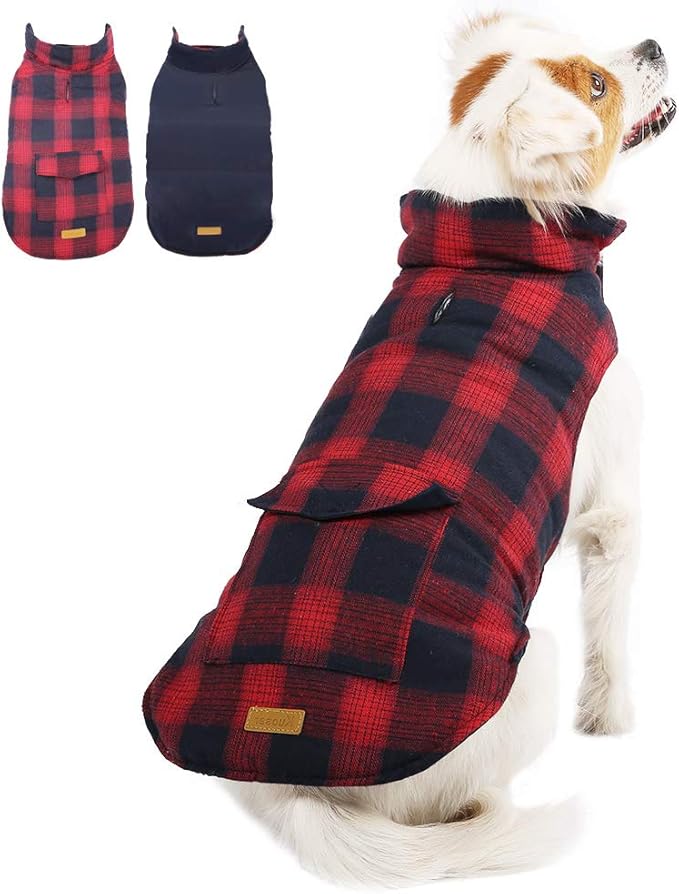 Kuoser Dog Winter Coat with Leash Hook，Reversible Warm Soft Pet Clothes