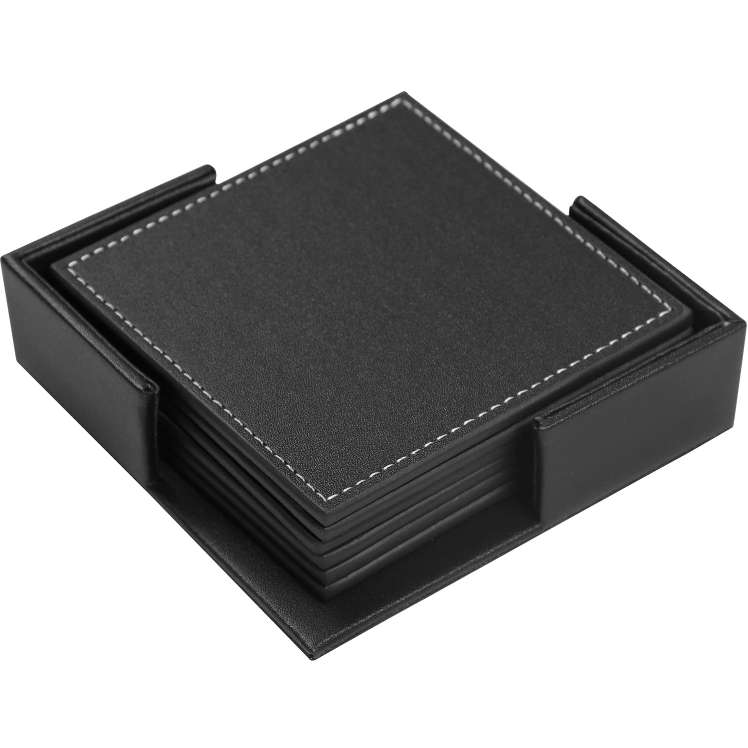 Famibay PU Leather Coasters with Holder Set of 6 Drink Coasters Black Square Cup Mats Coaster Sets Heat Resistant Table Protector Mats