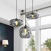 efperfect 3-Light Smoky Gray Glass Pendant Light, Modern Black Cluster Chandelier with 3 Different Globe Shades, Adjustable Hanging Fixture for Kitchen Island Dining Room
