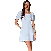 Allegra K Jacquard Floral Dress for Women's Square Neck A-Line Summer Puff Sleeve Dresses