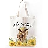 Zeghk Sunflower Highland Cow Print Canvas Tote Bag For Women, Western Tote Bag Sunflower gift bag Reusable Grocery, Beach Bag Birthdays, Best Gift for Friends Western Cow Lovers