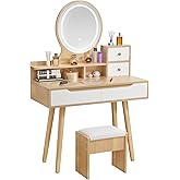 Vanity Desk, Makeup Table with Round Mirror and Lights, 80cm Dressing Table with Stool, Light Oak