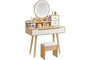 Vanity Desk, Makeup Table with Round Mirror and Lights, 80cm Dressing Table with Stool, Light Oak