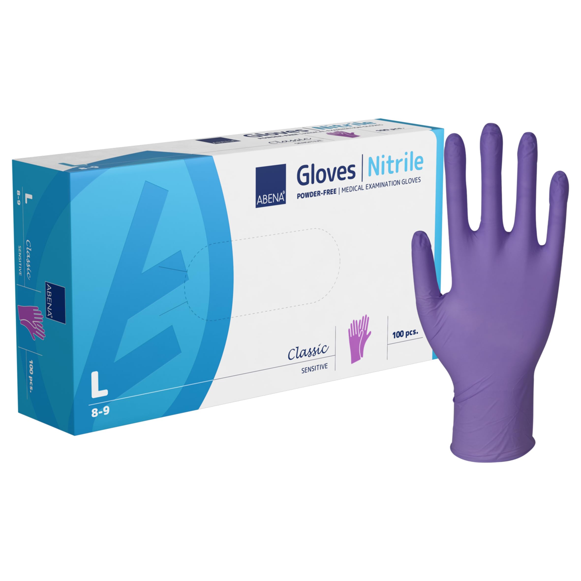 ABENA Purple Disposable Nitrile Gloves, Large, Pack of 100, Powder Free, Latex Free, Examination Gloves for Cleaning, Food Prep, Beauty, Medical & Hygiene, Strong Single Use Protective Gloves