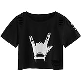 SweatyRocks Women's Short Sleeve T Shirt Graphic Print Distressed Crop Top