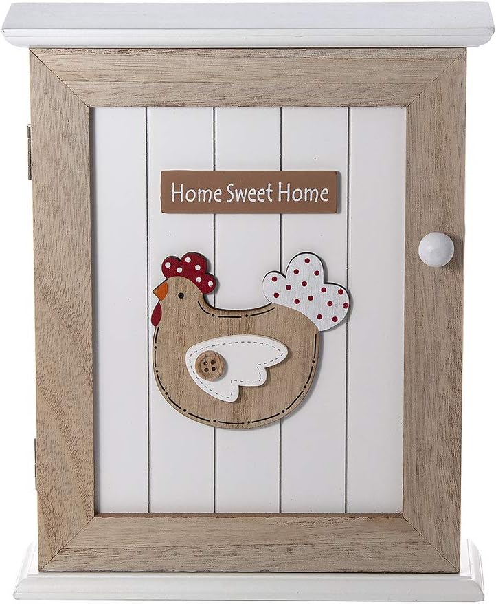 SPOTTED DOG GIFT COMPANY Key Box Wall Mounted Wooden Key Cupboard Cabinet with 6 Hooks for Hallway Decorative Chicken Themed Home Décor