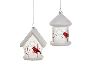 KURT ADLER White Birdhouse With Cardinals Glass Ornament, 2 Assorted