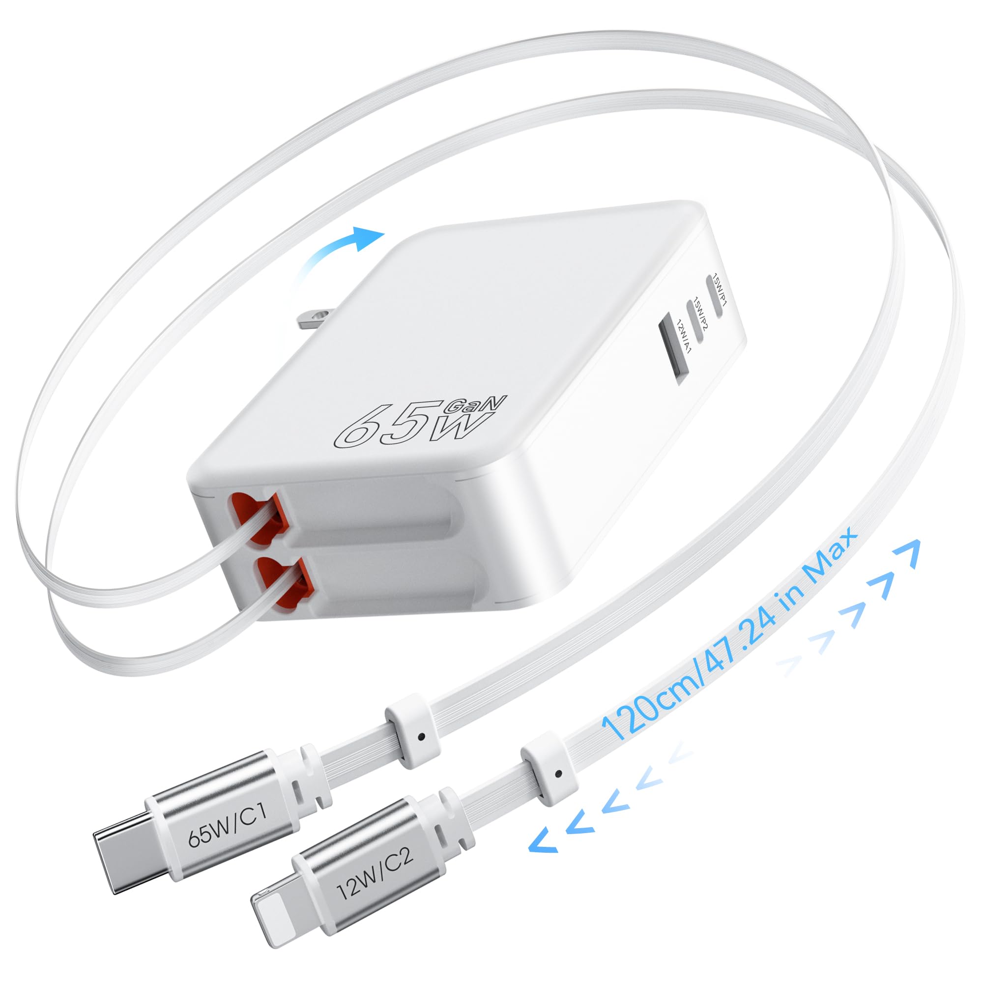 Photo 1 of 65W for MacBook Pro Charger,5-in-1 Retractable Wall Charger Plug for iPhone 17, 3.94 ft PD USB C&Lightening Cable&3 Ports, Fast Charging Block for Mac Book Pro/Air, M1 M2 M3 M4, iPad Pro,Galaxy,Pixel