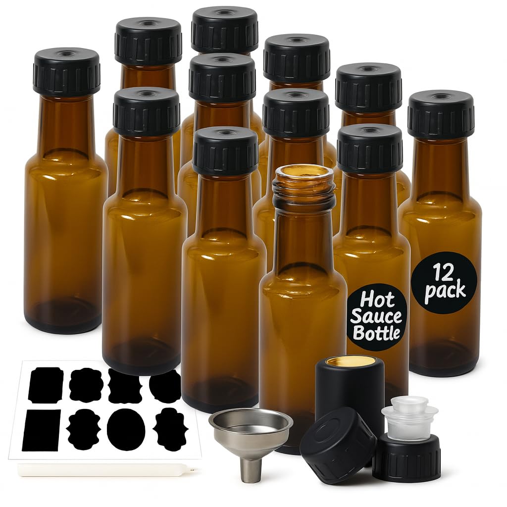 Photo 1 of WERTIOO Hot Sauce Bottles 4oz – 12-Pack Light-Blocking Bottles with Caps – Preserve Color and Freshness of Oils Vinegars Sauces – for Kitchen Storage Gifts and Small-Batch Use, Amber