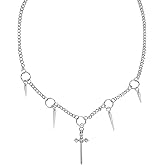 Gothic Sword Cross Pendant Punk Chain Necklace for Men Women Hip Hop Streetwear Antiqued Silver Dagger Knife Spike Rivet Charm Choker Cool Goth Rock Necklaces Halloween Cosplay Party Jewelry Gifts