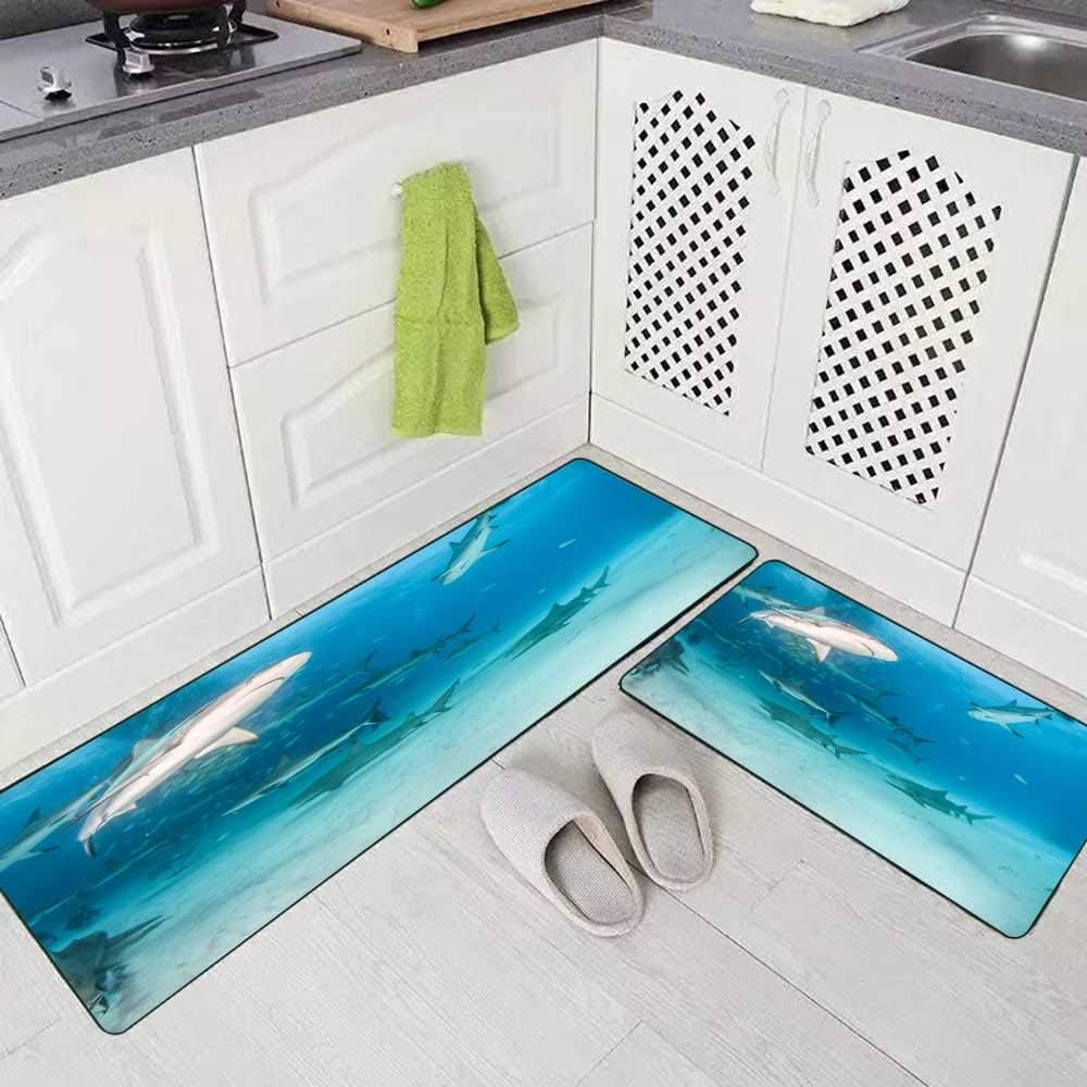 Musesh 2 Pieces Kitchen Rugs and Mats Non Skid Washable Picture Shows Reef Shark The Caribbean at Bahamas Kitchen Rug Set 17"X48"+17"X24" Kitchen Carpets and Rugs Modern Kitchen Rug