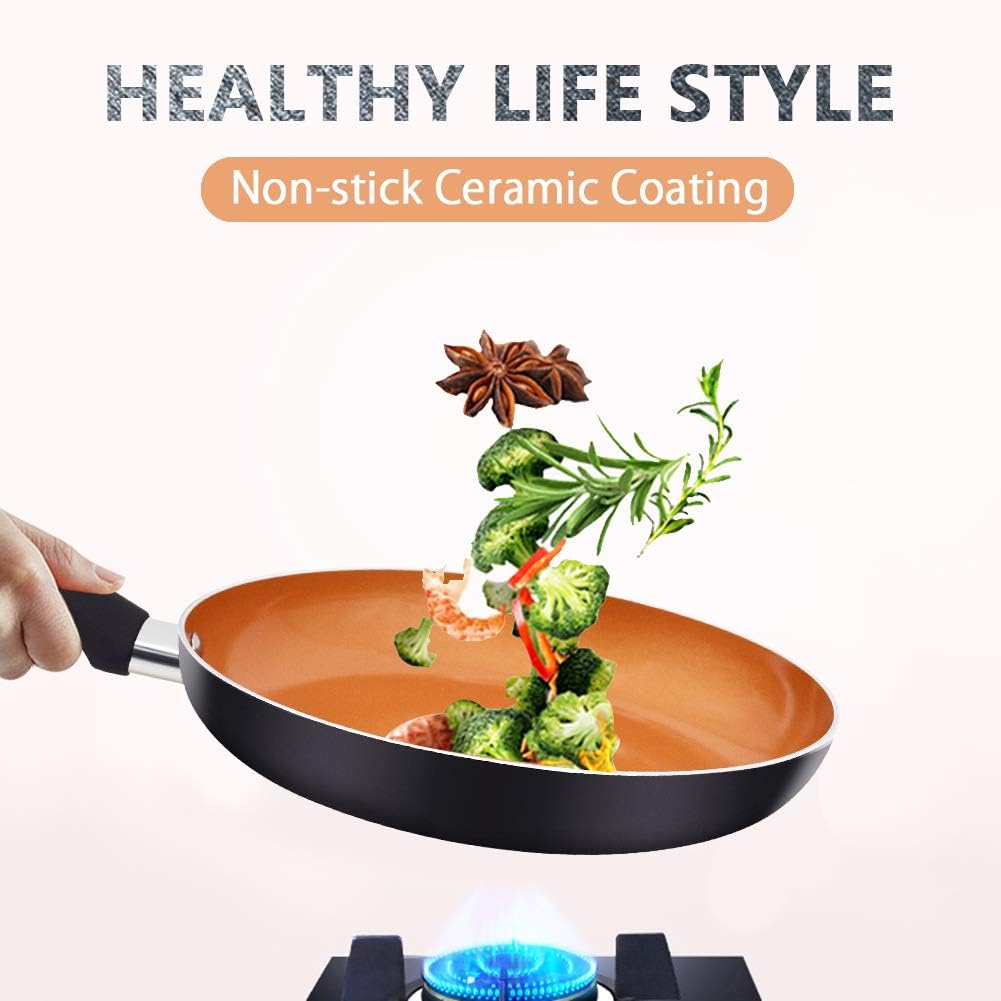 FRUITEAM 9 1/2 inch Fry Pan Non-stick Frying Pan with Lid, Aluminum Cookware with Induction Plate for Even Heating, Gas & Stovetops Safe, Black: Kitchen & Dining
