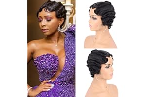 G&T Wig Finger Wave Wig Short Mommy Hair Synthetic Curly Wigs for Black Women Lady Nuna Wig 1920s Cosplay Costume Halloween Party Daily Use (1B)