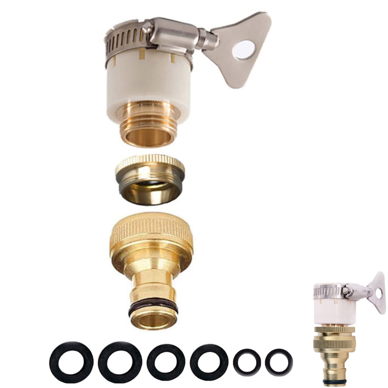 Round Universal Mixer Tap Hose Connector Adapter for Hose Pipe,1/2&3/4Inch 2in1 Garden Kitchen Brass Tap to Hose Connector,Hoses Pipe Fitting for Outside Garden Kitchen Taps,Top Max Diameter 23mm — image 1