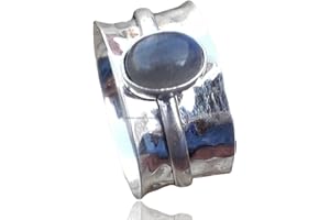 Labradorite Hammered Spinning Ring, 925 Sterling Silver Spinner Wide Band Rings, Oval Gemstone Birthday Gift Ring for Women, 